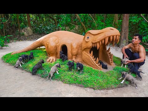 Rescue Dog building DINOSAUR Dog House from mud