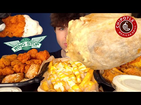 ASMR MUKBANG WINGSTOP & CHIPOTLE GIANT BURRITO CRISPY CHICKEN & FRIES | WITH CHEESE