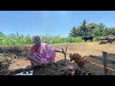 Grandma preparing lunch in the farm house  //  Chicken tandoori // village life