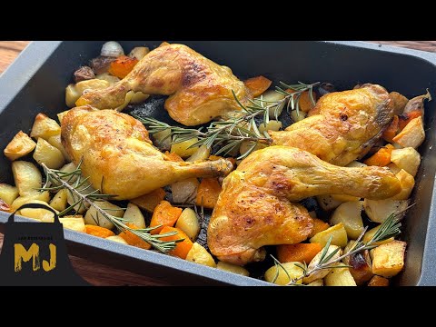 Pollo al horno con patatas y verduras