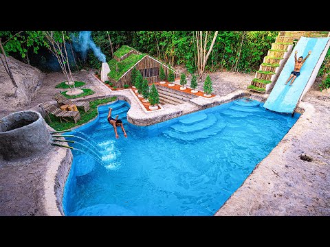 From Start to Finish - Builds Amazing Waterpark and UNDERGROUND HUT in the Wild in