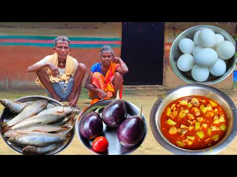 rural old grandma cooking FISH with EGG curry || cooking BRINJAL with CABBAGE curry and eating