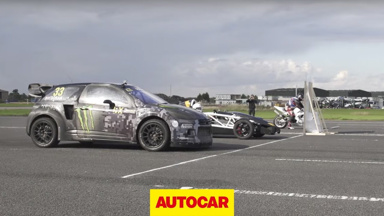 Ariel Atom 3. 5R vs Yamaha YZF R1 vs Monster Energy Citroen DS3 Rallycross supercar - Drag race
