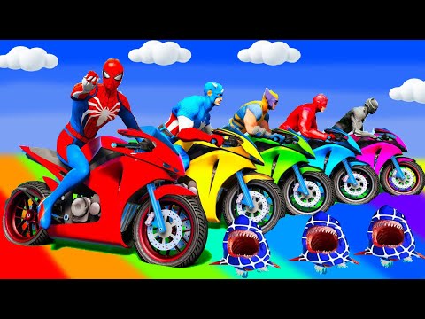 SPIDER MAN Takes on Spiral Bridge Stunt Ride on Motorcycle🦺🥽بطال الخارقين على القضبان دوامة قمع جس
