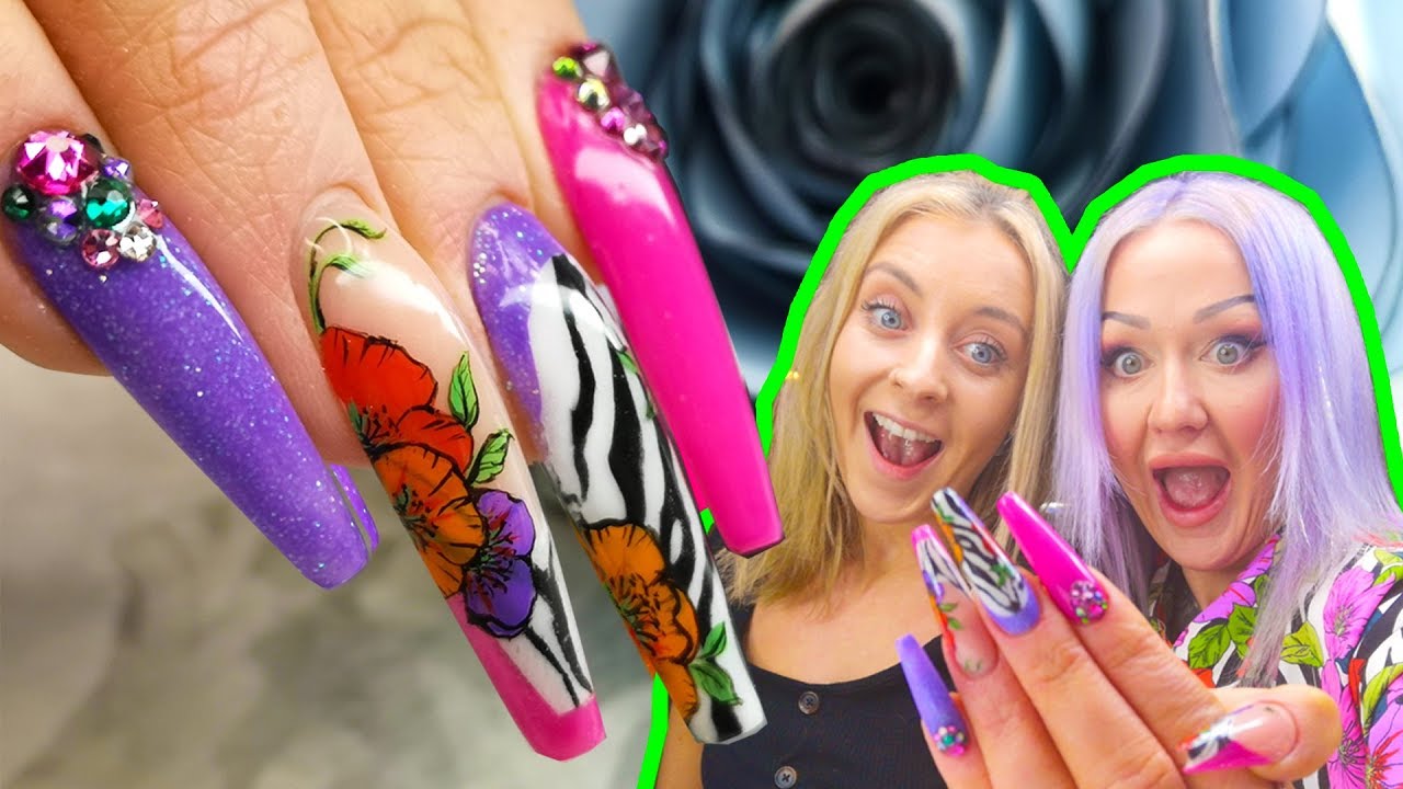 SCULPTED ACRYLIC ZEBRA PRINT & HAND PAINTED FLOWERS - FULL LOOK NAIL TUTORIAL