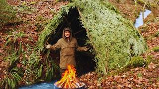 Building Natural Secret Survival Shelter over a Stream in the Wilderness | FULL BUILD NO TALKING