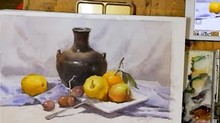 Watercolor Still Life painting: Glazed Pot & Fresh Fruit