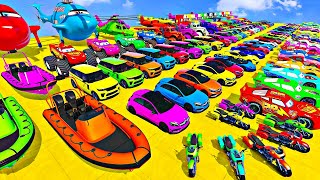 GTA V MODS - Desafío de carreras de autos de Spider-Man y sus amigos con increíbles aviones de autos