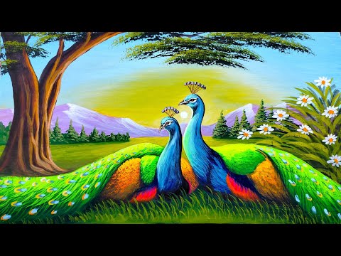 Painting of two beautiful peacocks in nature |  painting 554