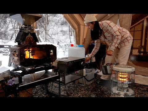 ❄️눈이 펑펑 내려요! 깊은 산속, 설중 캠핑ㅣ굴 파티🦪 생굴, 굴찜, 굴전, 굴라면에 소주 막걸리 맥주 먹방ㅣ첫 펠릿 화목난로 사용, 꽤 멋지네!ㅣ잭커리2000Plus파워뱅크