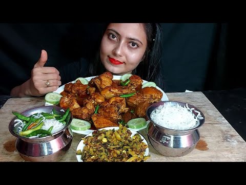 Delicious JhalJhal Panjabi Chicken Masala+Potato+Korolla Fry+2 Handi BasmatiRice Eating Mukbang Girl