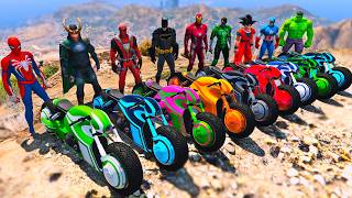 SUPERHEROES ARMY vs SPIDERMAN MOTORCYCLES RACING CHALLENGE on MEGA SKY RAMP,HULK vs GOKU RACE- GTA 5
