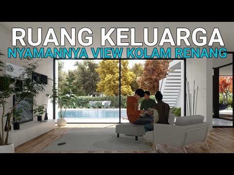 Interior Rumah Minimalis Interior Ruang Keluarga dengan Kaca Besar Menghadap Kolam Renang