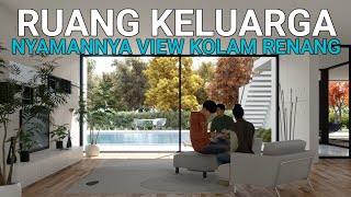 Interior Rumah Minimalis Interior Ruang Keluarga dengan Kaca Besar Menghadap Kolam Renang