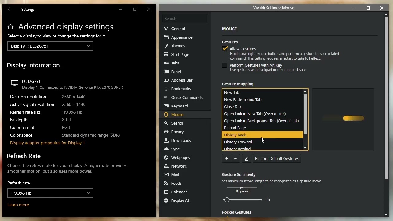 Windows advanced display settings and Vivaldi settings
