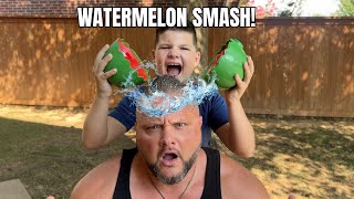WATERMELON SMASH on YOUR HEAD GAME with CALEB and DAD ! Playing Funny New Game with Mom!