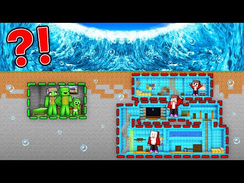 Mikey TINY & JJ GIANT Family Bunker vs TSUNAMI in Minecraft (Maizen)