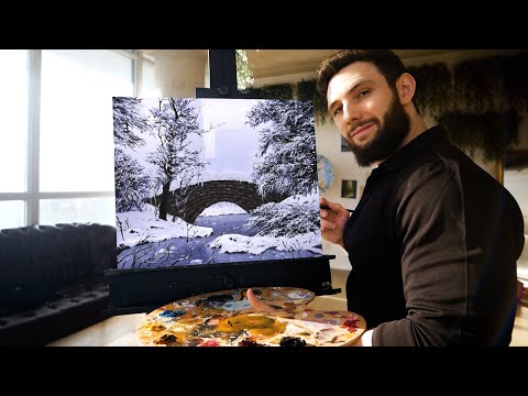 Painting a Snow Covered Winter Landscape with Acrylics in Real Time Paint with Ryan