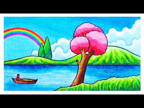 Scenery Drawing | How To Draw River And Rainbow Scenery Step by Step With Oil Pastels