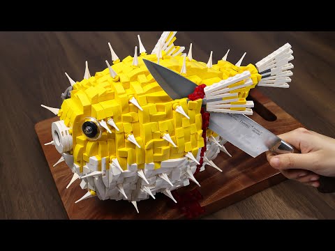 Catch & Cook a MASSIVE LEGO RARE Pufferfish Recipe IRL! LEGO Fugu Fish Cutting Challenge ASMR
