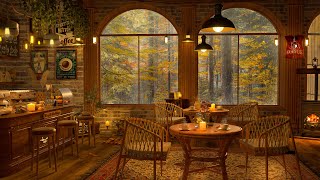 4K Warm Autumn Coffee Shop Ambience 🍁 Falling Leaves & Smooth Jazz Music to Relax/Study/Work to