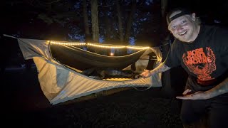 Hammock Tent Solo Camping + Easy Tangy Hot Dog Kebabs Over Fire