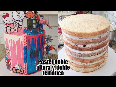 Pastel Doble Altura 2 Temas Hello Kitty y Spiderman en chantilly 3 leches