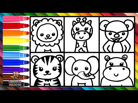 Dibuja y Colorea Animales Salvajes 🦁🦒🐵🐯🐘🦛🌈 Dibujos Para Niños