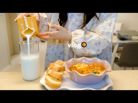 vlog | 장보고 치킨🍗브런치로 에그인헬과 바게트, 새 화장대, 작업실출근, 도시락(계란주먹밥, 닭강정, 두부브로콜리)