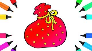 Santa Presents Bag Coloring Page and Drawing with Funny Santa Cartoon