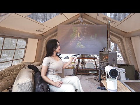 -5℃ ❄️ COZY CAMPING IN AN INFLATABLE TENT IN THE SNOWY MOUNTAIN. CAMPING ASMR