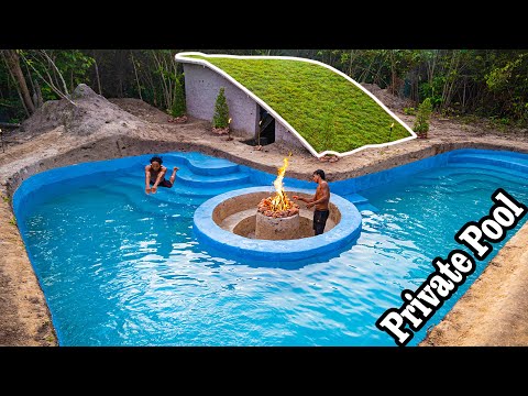 100 Days How I Build a Private Pool and Fire Pit  in a Luxury Underground Hut with Grass Roof