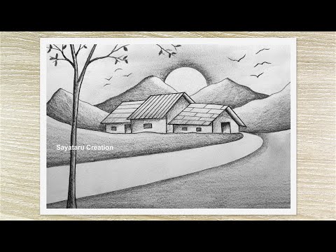 How to draw Village Landscape with pencil sketch, Pencil shading for beginners