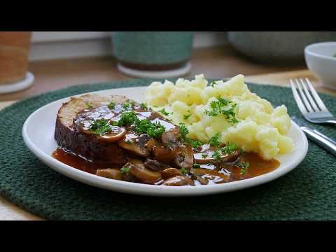 Hackbraten mit Jägersauce & Kartoffelstampf | Rezept | Jägerbraten  | Hackbraten aus der Pfanne 🍖🍄🥔