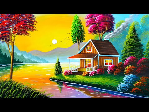 Beautiful Autumn evening scenery painting | painting 548