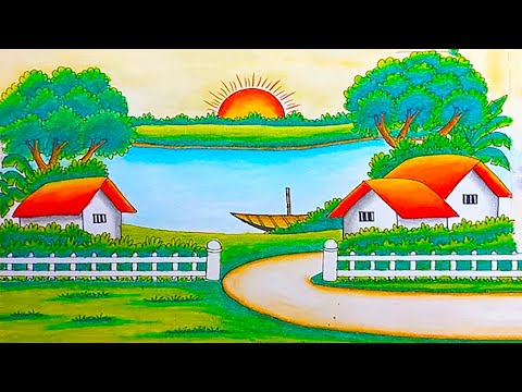 How to draw a beautiful landscape village | landscape drawing easy beautiful  sunset scenery drawing