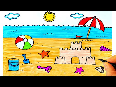 Yaz Çizimi 🏖 Deniz, Kumsal, Güneş Çizimi - Deniz Resmi Çizimi - Kumsal Resmi Çizimi - Plaj Resmi Çiz