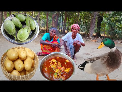 rural grandma cooking DUCK CURRY and eating || village old couple cooking and eating || village life