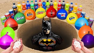 Experiment: Batman and Superman pit Eruption from Orbeez, Pepsi, Mtn Dew, Coca Cola VS Mentos