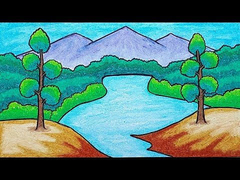 Gambar Pemandangan | Cara Menggambar Pemandangan Gunung dan Danau di Hutan Tropis Dengan Oil Pastel