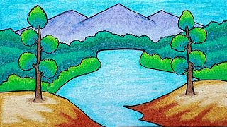Gambar Pemandangan | Cara Menggambar Pemandangan Gunung dan Danau di Hutan Tropis Dengan Oil Pastel