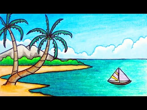 Scenery Drawing | How To Draw Easy a Beach Scenery in The Morning With Oil Pastels