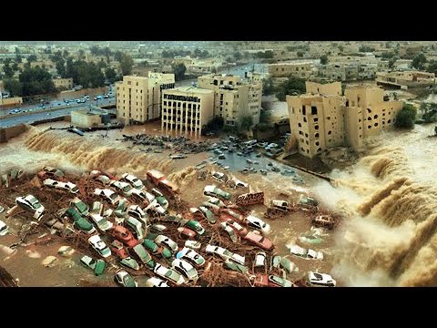 Dramatic footage of flooding in Libya: hundreds of cars flooded, people trapped!