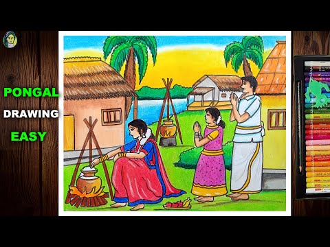 Pongal Festival Drawing Easy | How To Draw A Beautiful Scenery Of Pongal | Happy Pongal Festival