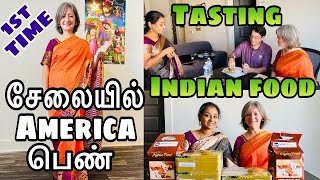 America பெண் சேலையில்/American wearing Saree & trying Indian food for the First time/Tamil vlog USA