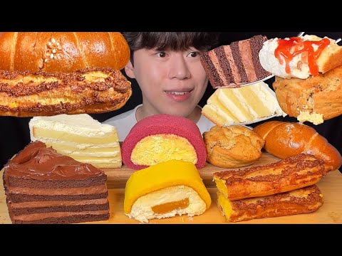 SUB) 디저트39의 디저트 먹방 ASMR 디저트는 조합해서 먹는 재미😂 스콘 위에 케이크를 얹고 딸기잼 뿌려 먹으면 👍 도쿄롤, 크로칸슈, 케이크, 소금빵, 스콘 등