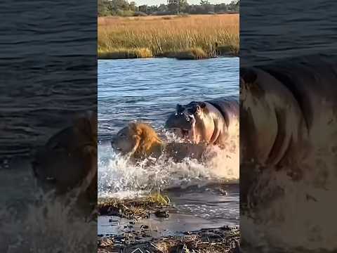 A Furious Hippo Attacked Two Lions || #hippo #lion #wildlife #tranding #shortsfeed #shorts