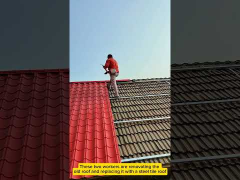 These two workers are renovating the old roof and replacing it with a steel tile roof #workers