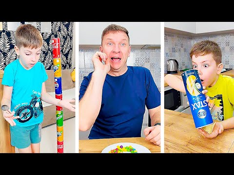 Dad & Son Funny Challenges: Balloon Popping, Candy, Cup and Sweet Contests by Valja & Maxim Family