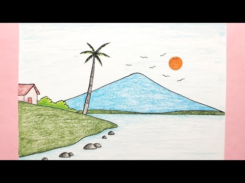 Cara menggambar pemandangan gunung dan pantai - How to draw scenery step by step